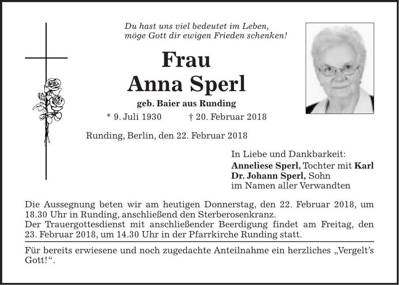 Traueranzeige Anna Sperl