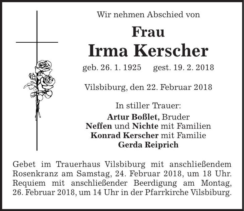 Traueranzeige Irma Kerscher