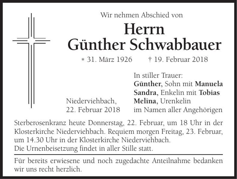 Traueranzeige Günther Schwabbauer
