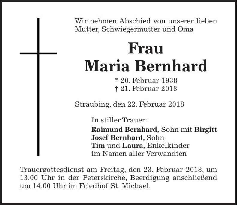 Traueranzeige Maria Bernhard