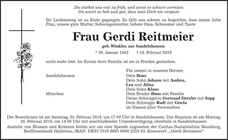 Traueranzeige Gerdi Reitmeier