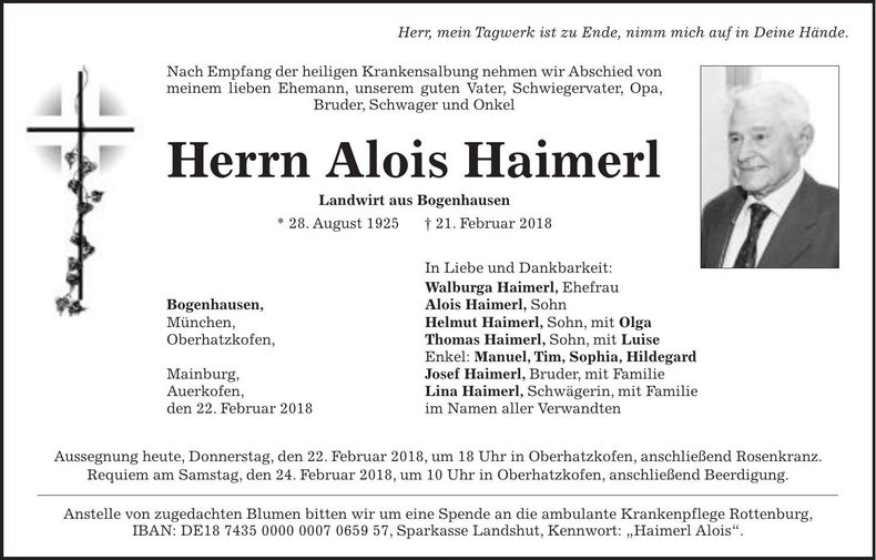Traueranzeige Alois Haimerl