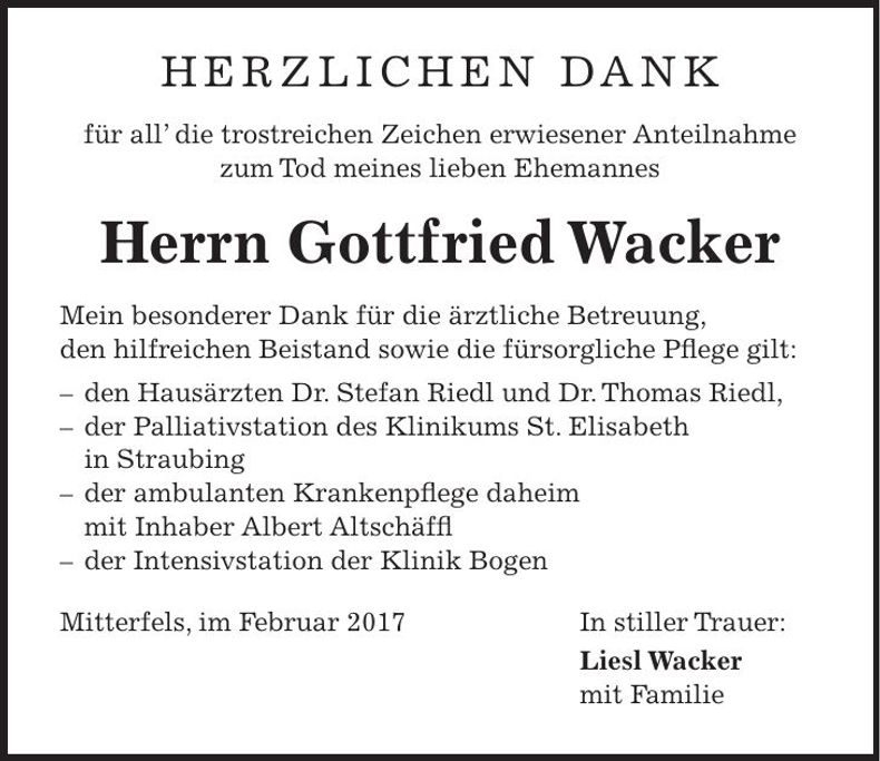 Traueranzeige Gottfried Wacker