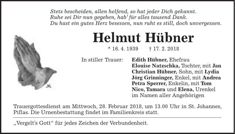 Traueranzeige Helmut Hübner