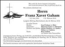Traueranzeige Franz Xaver Gaham