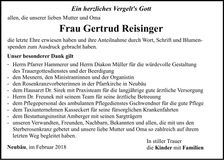 Traueranzeige Gertrud Reisinger