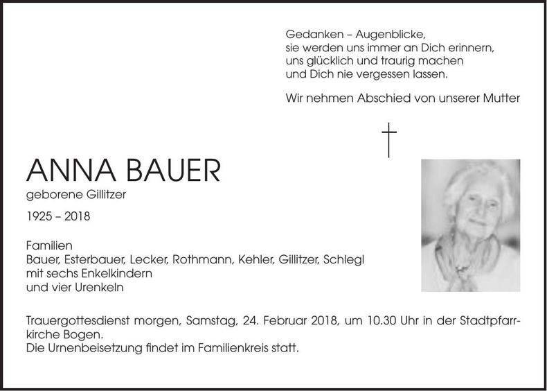 Traueranzeige Anna Bauer