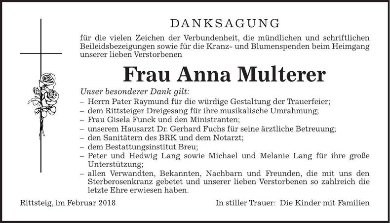 Traueranzeige Anna Multerer