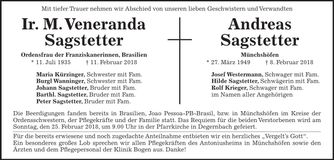 Traueranzeige Veneranda, Andreas Sagstetter
