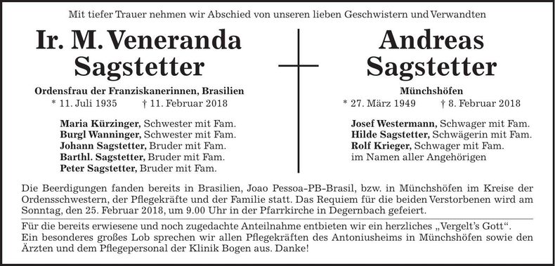 Traueranzeige Veneranda, Andreas Sagstetter