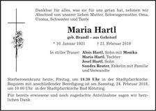 Traueranzeige Maria Hartl