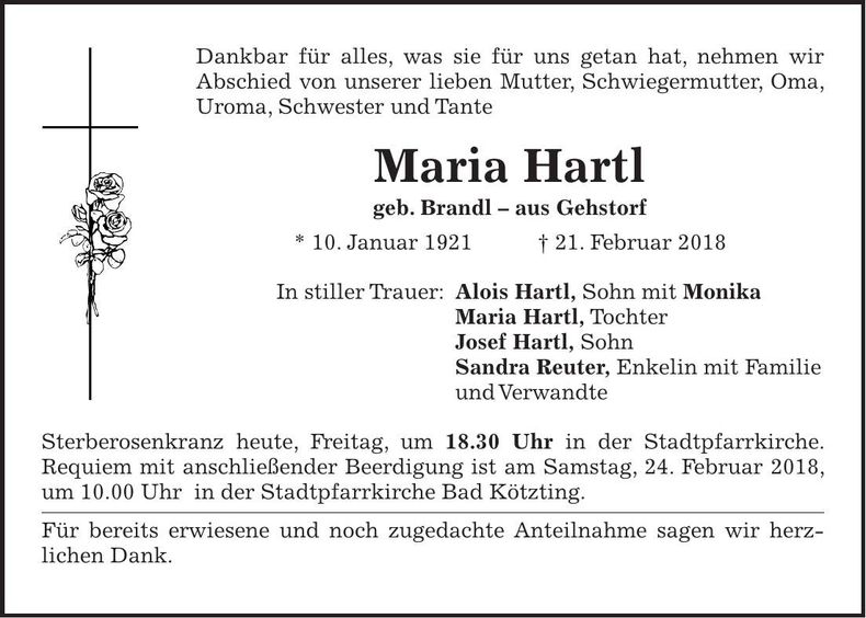 Traueranzeige Maria Hartl