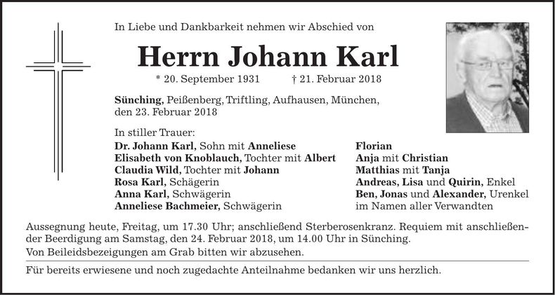 Traueranzeige Johann Karl