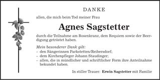 Traueranzeige Agnes Sagstetter