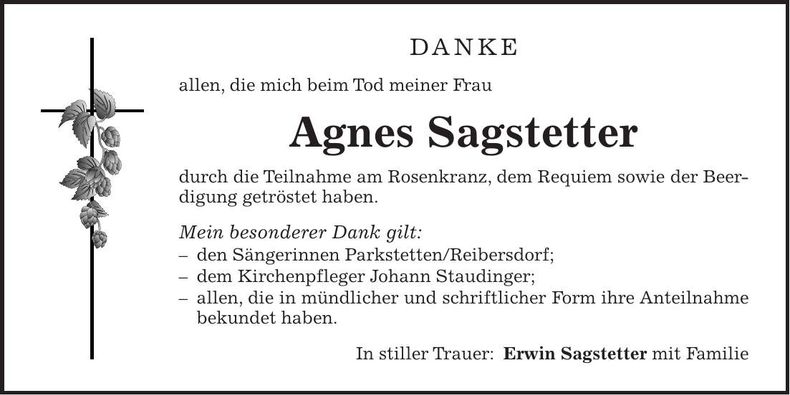 Traueranzeige Agnes Sagstetter