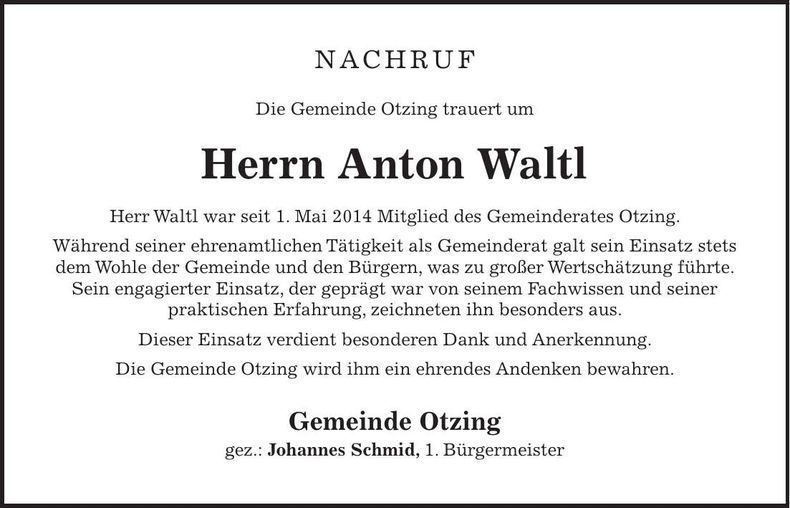 Traueranzeige Anton Waltl