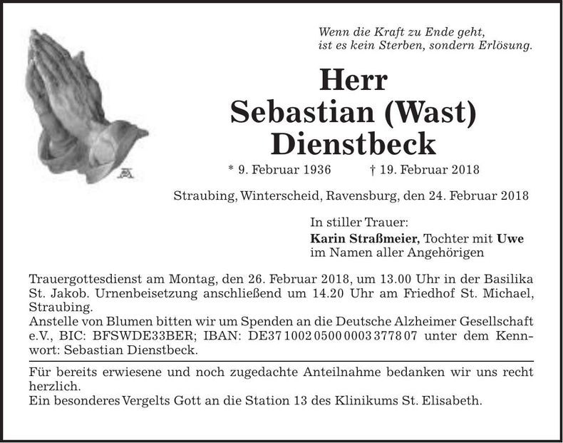 Traueranzeige Sebastian Dienstbeck