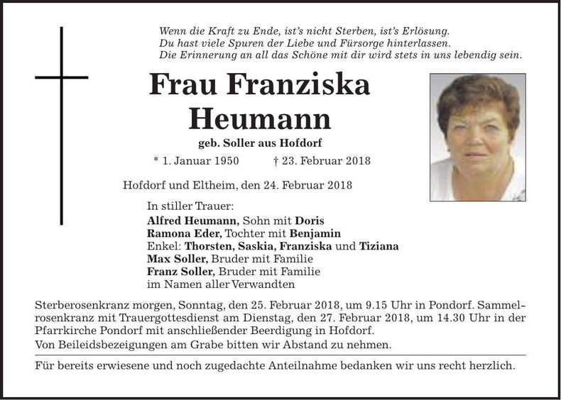 Traueranzeige Franziska Heumann