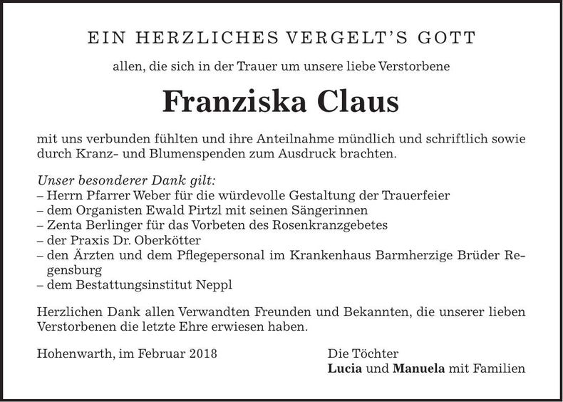 Traueranzeige Franziska Claus