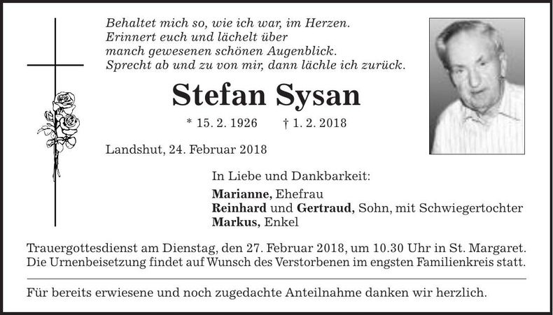 Traueranzeige Stefan Sysan