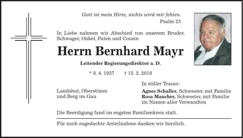 Traueranzeige Bernhard Mayr