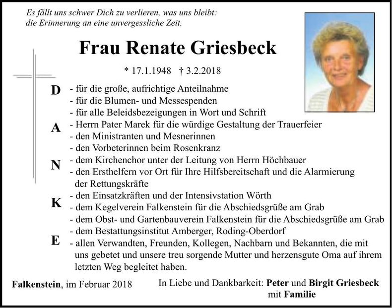 Traueranzeige Renate Griesbeck