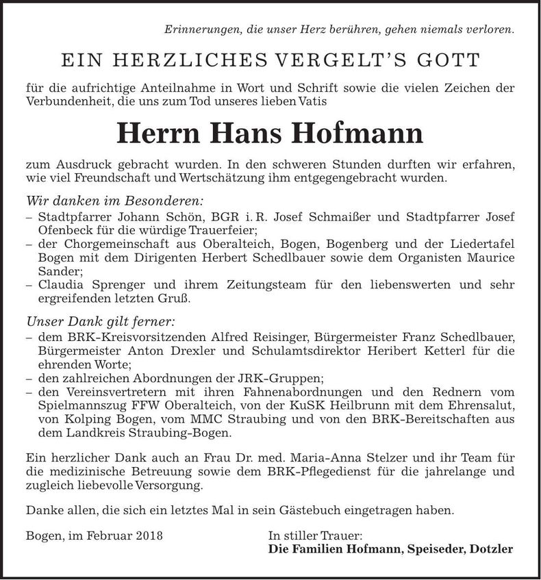 Traueranzeige Hans Hofmann