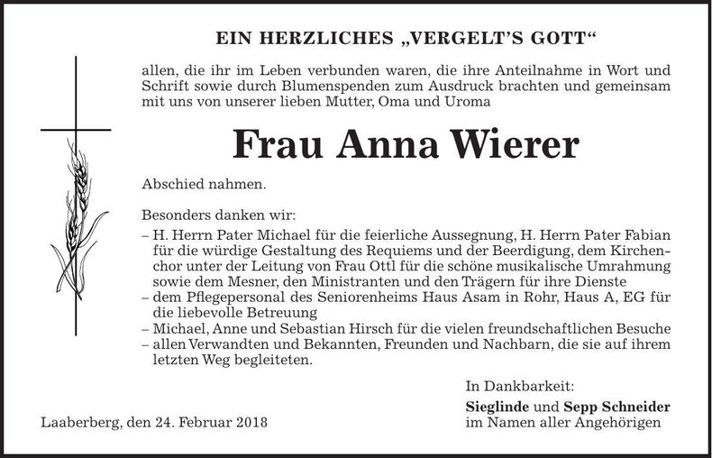 Traueranzeige Anna Wierer