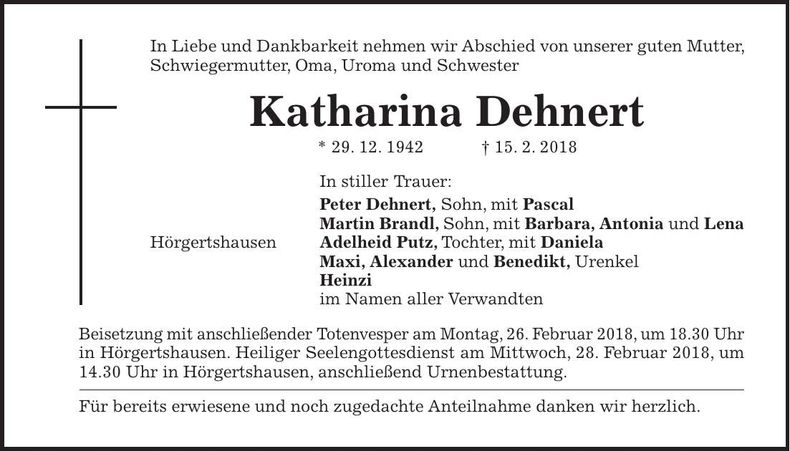 Traueranzeige Katharina Dehnert