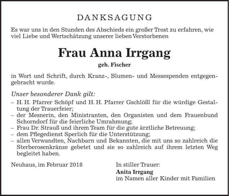 Traueranzeige Anna Irrgang
