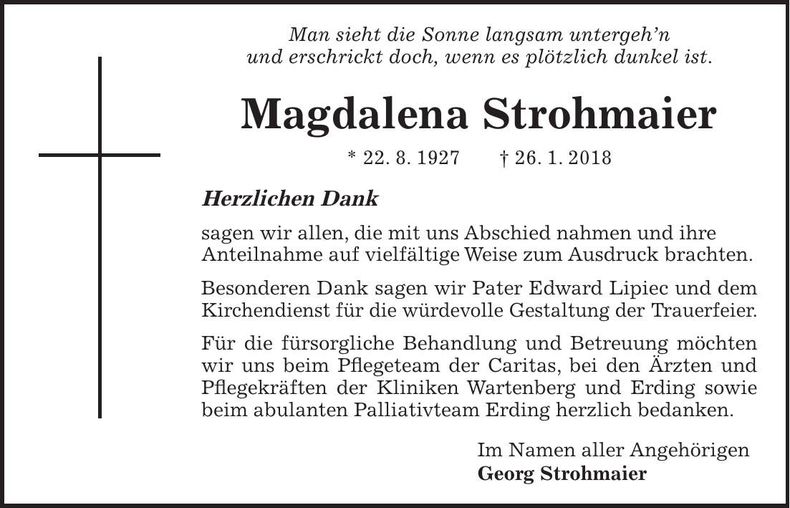 Traueranzeige Magdalena Strohmaier