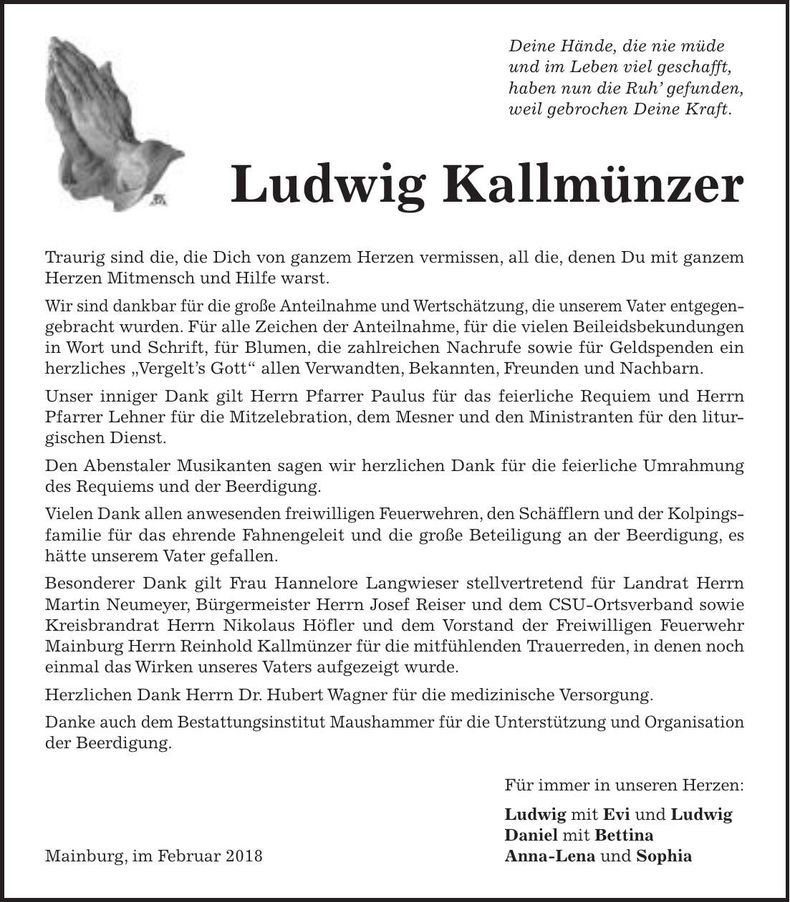 Traueranzeige Ludwig Kallmünzer