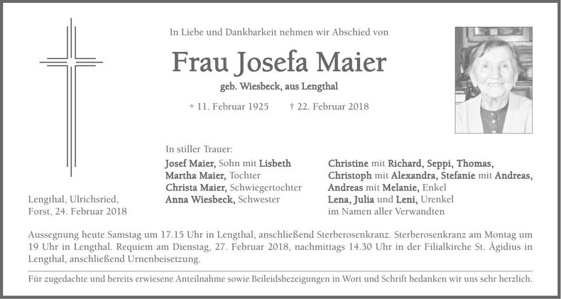 Traueranzeige Josefa Maier