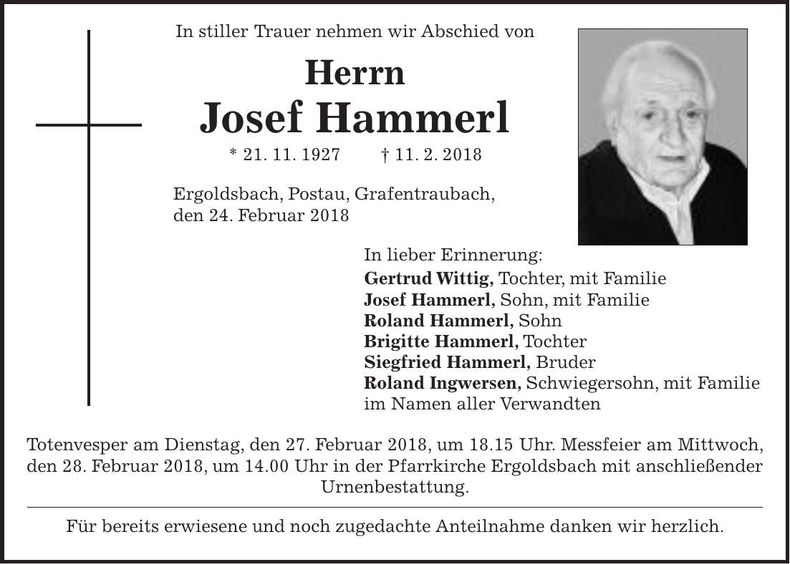 Traueranzeige Josef Hammerl