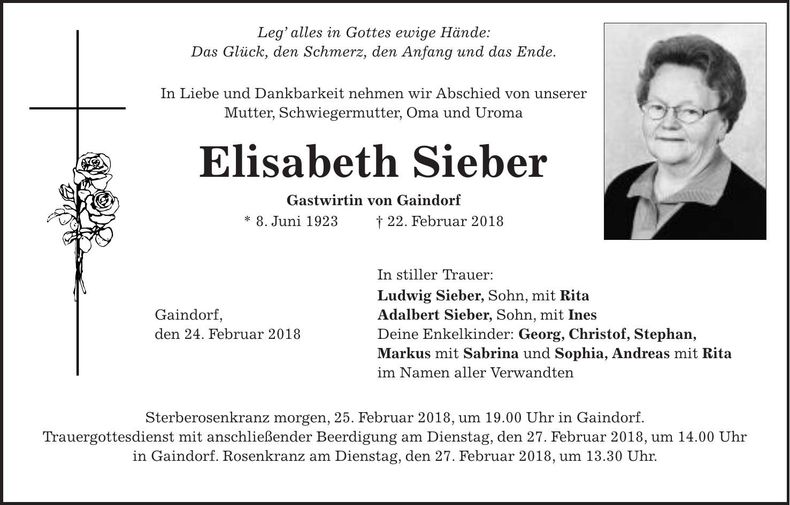 Traueranzeige Elisabeth Sieber