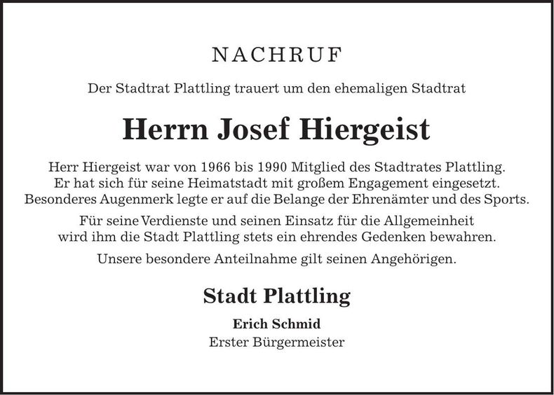 Traueranzeige Josef Hiergeist