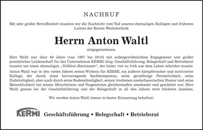 Traueranzeige Anton Waltl