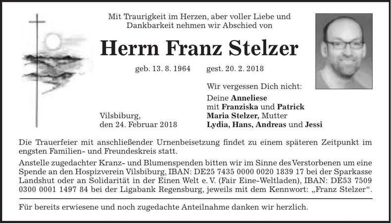 Traueranzeige Franz Stelzer