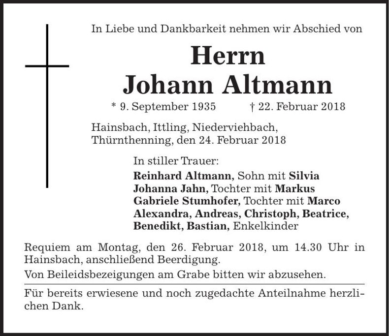 Traueranzeige Johann Altmann
