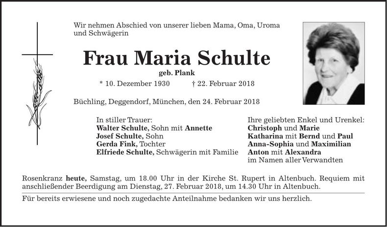 Traueranzeige Maria Schulte