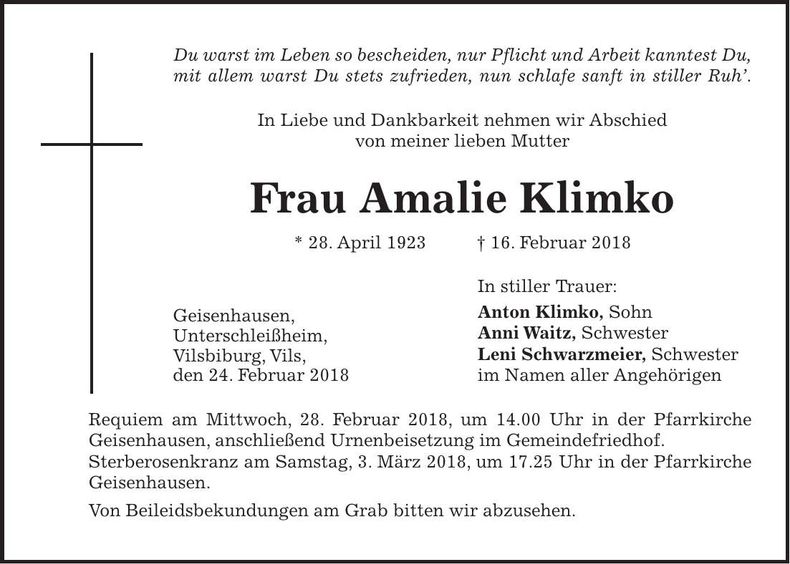 Traueranzeige Amalie Klimko