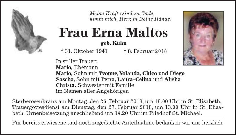 Traueranzeige Erna Maltos