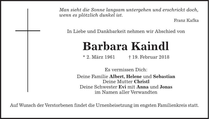 Traueranzeige Barbara Kaindl