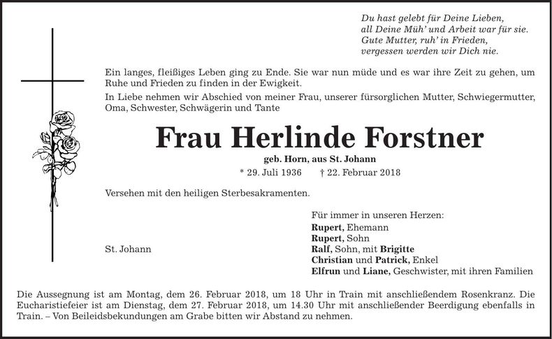 Traueranzeige Herlinde Forstner