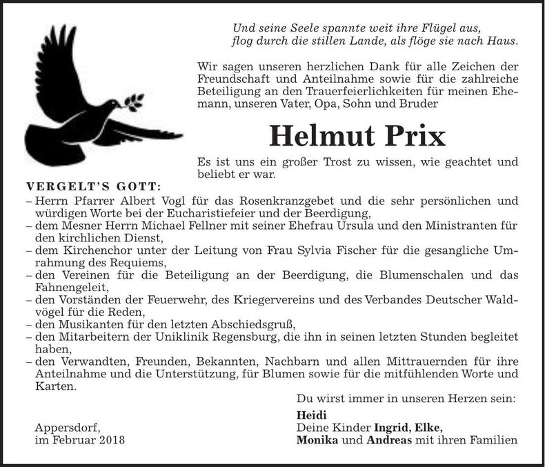 Traueranzeige Helmut Prix