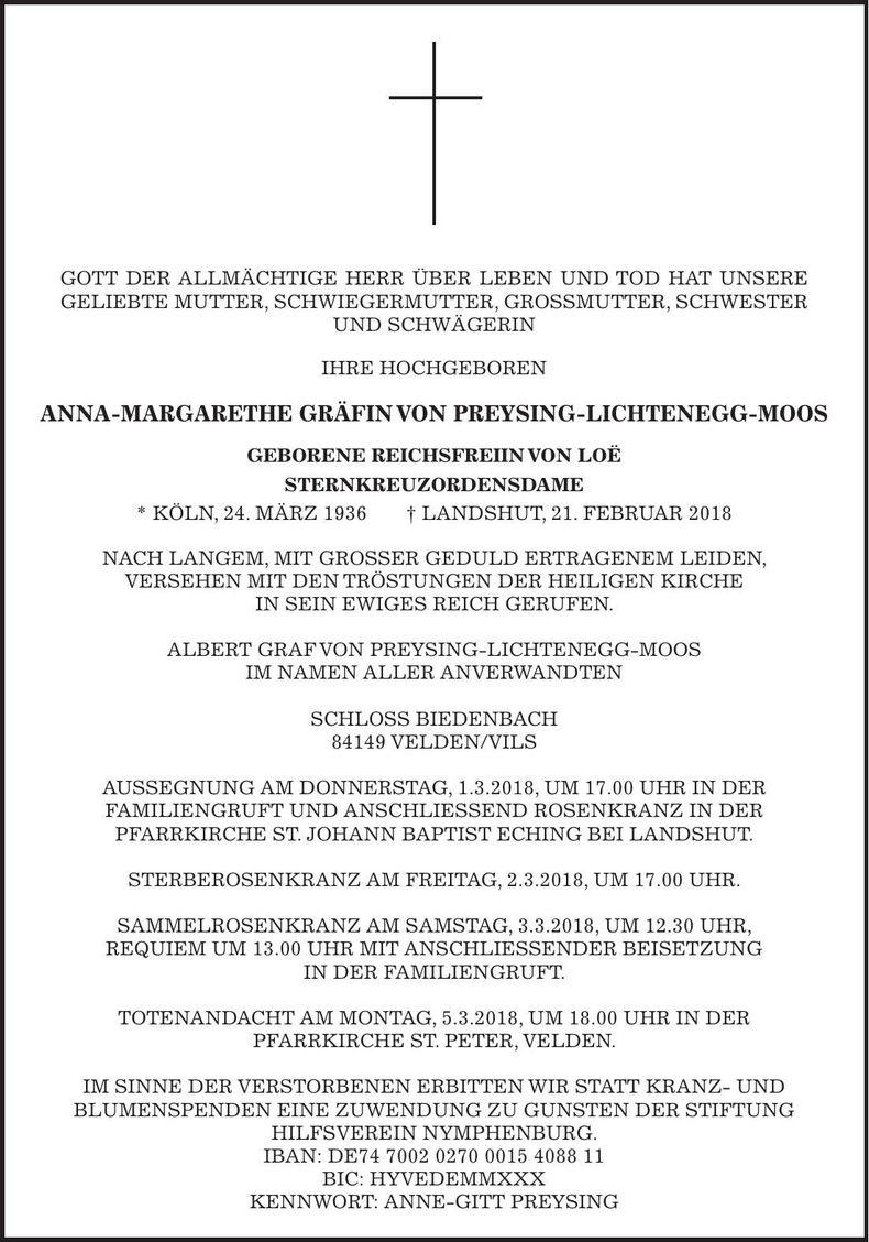 Traueranzeige Anna-Margarethe Preysing-Lichtenegg-Moos