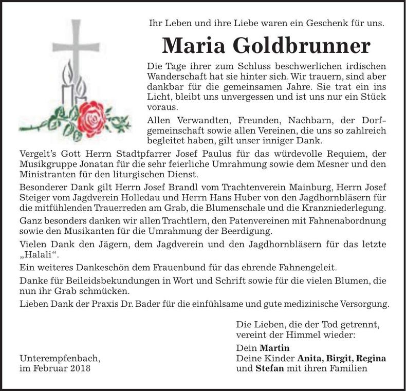 Traueranzeige Maria Goldbrunner
