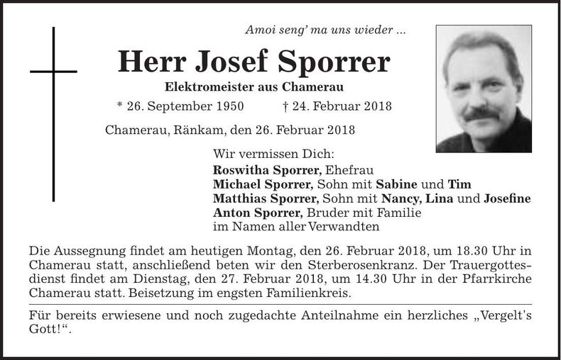 Traueranzeige Josef Sporrer