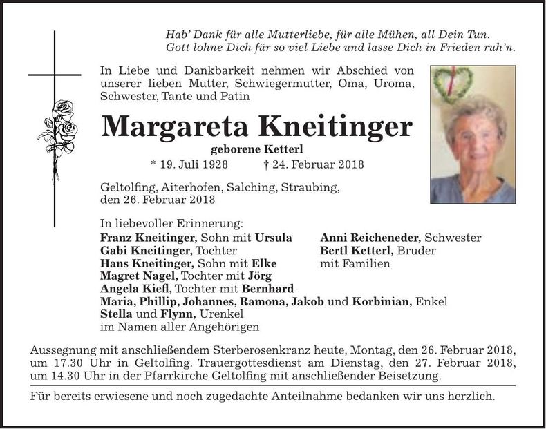 Traueranzeige Margareta Kneitinger