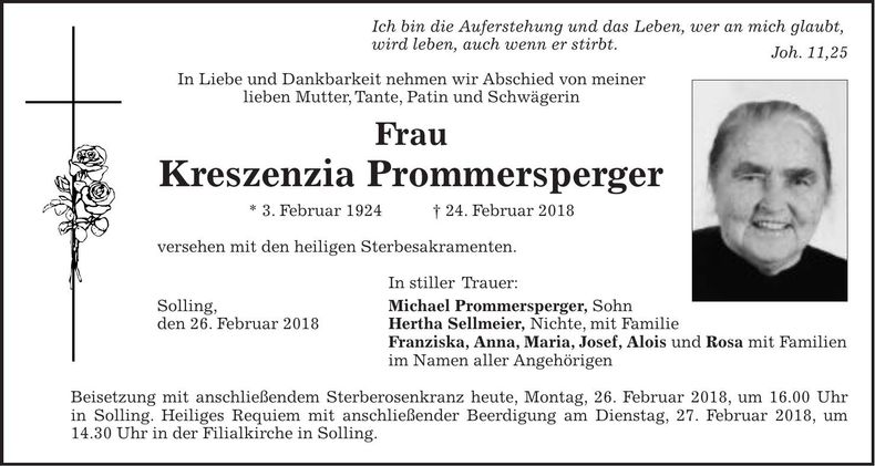Traueranzeige Kreszenzia Prommersperger